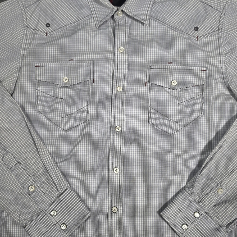 7 Diamonds Mens Grey Micro Check Western Button Down Shirt Med Embroidered Yoke - Picture 3 of 10